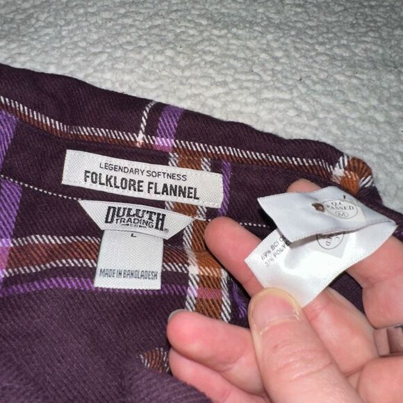 Duluth Trading Co Large Folklore Women’s Flannel Shirt Purple Orange Plaid EUC - Picture 8 of 13